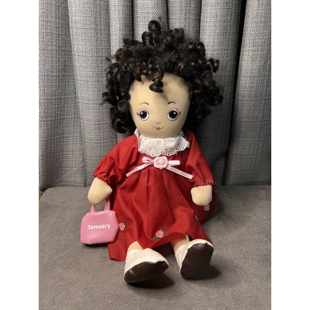 VTG Birthday January Plush Stuffed Doll Sugar Loaf Red Dress Curly Hair Purse